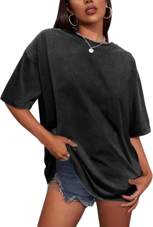 Oversized Tshirts for Women Short Sleeve Crew Neck Vintage Washed Basic Loose Casual Tees