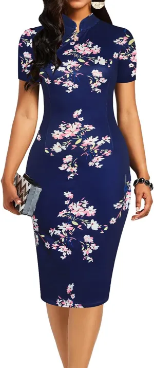 oxiuly Women's Vintage Floral Flare Party Wedding Stretch Bodycon Dresses Casual Work Pencil Dress OX183