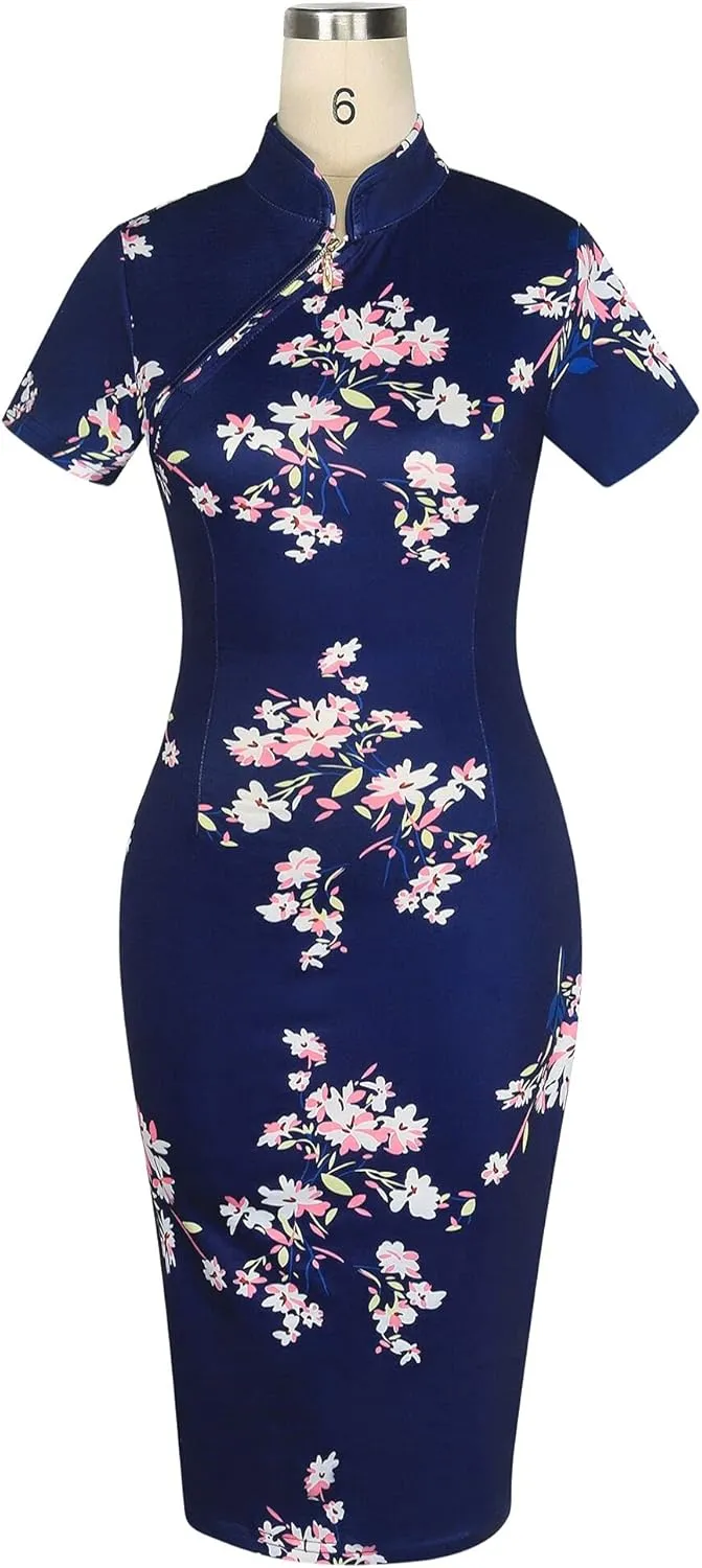 oxiuly Women's Vintage Floral Flare Party Wedding Stretch Bodycon Dresses Casual Work Pencil Dress OX183