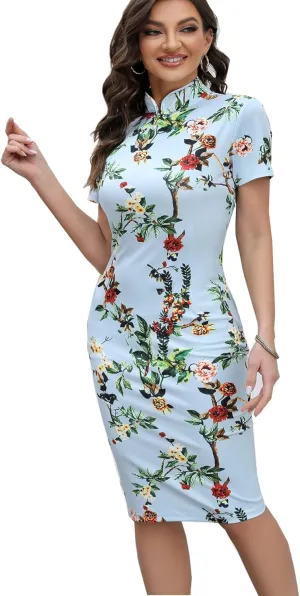 oxiuly Women's Vintage Floral Flare Party Wedding Stretch Bodycon Dresses Casual Work Pencil Dress OX183