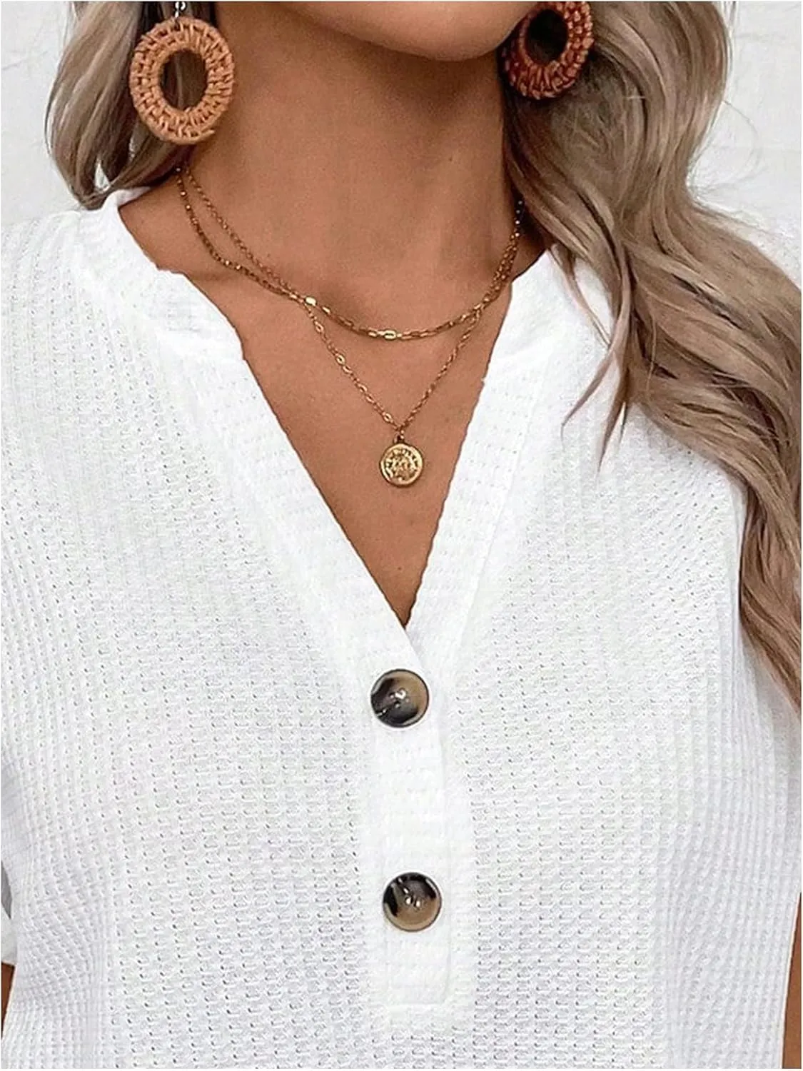 OYOANGLE Women's Textured Button Front V Neck Short Sleeve Tee Shirt Summer Casual Tees