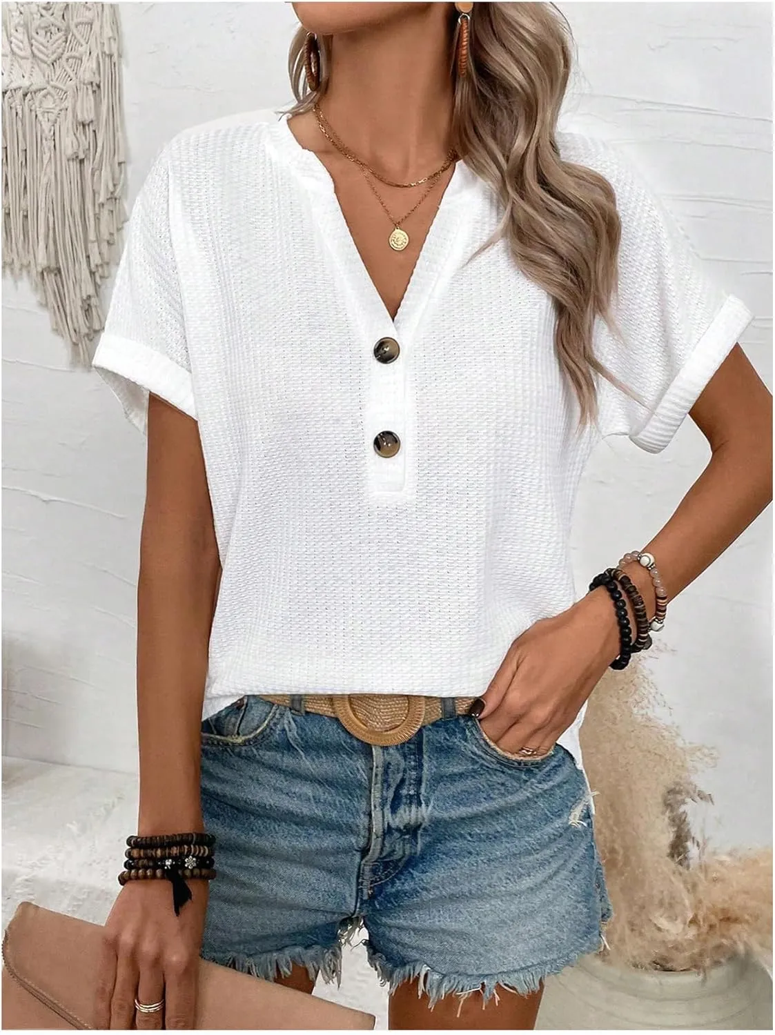 OYOANGLE Women's Textured Button Front V Neck Short Sleeve Tee Shirt Summer Casual Tees