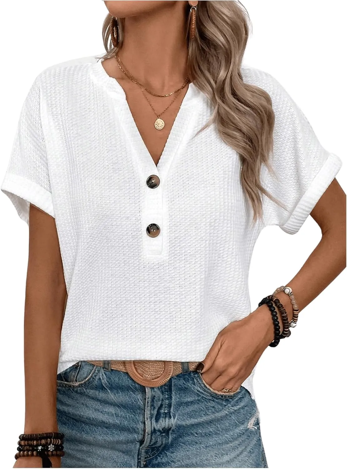 OYOANGLE Women's Textured Button Front V Neck Short Sleeve Tee Shirt Summer Casual Tees