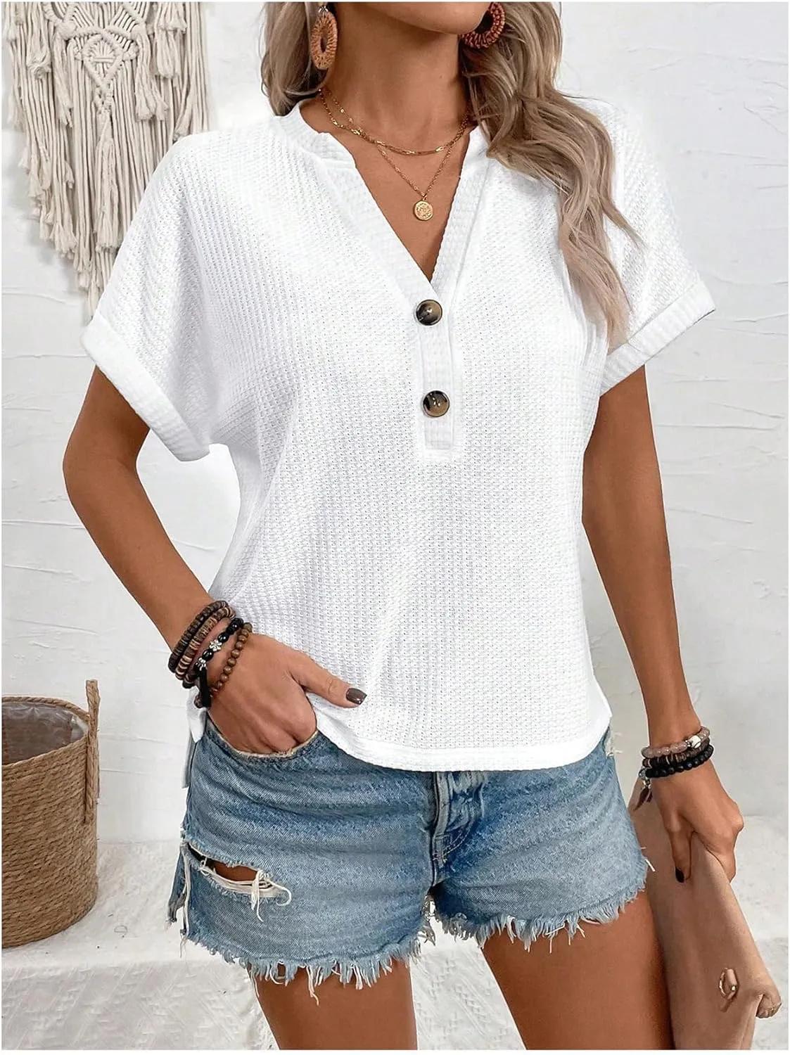 OYOANGLE Women's Textured Button Front V Neck Short Sleeve Tee Shirt Summer Casual Tees