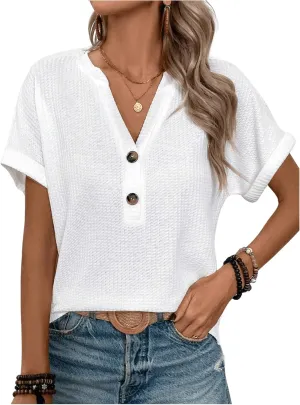 OYOANGLE Women's Textured Button Front V Neck Short Sleeve Tee Shirt Summer Casual Tees