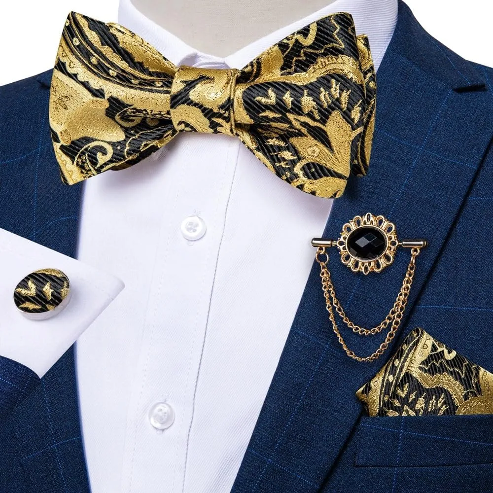 Paisley Self Tie Bow Tie Silk Woven Wedding Party Ties Hanky Brooch Pin Set Tuxedo Bow