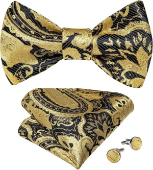 Paisley Self Tie Bow Tie Silk Woven Wedding Party Ties Hanky Brooch Pin Set Tuxedo Bow