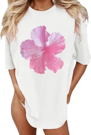Pink Graphic Tees for Women Crewneck Casual Summer Preppy Teen Girls Flower Oversized T Shirts Short Sleeve Loose Tops