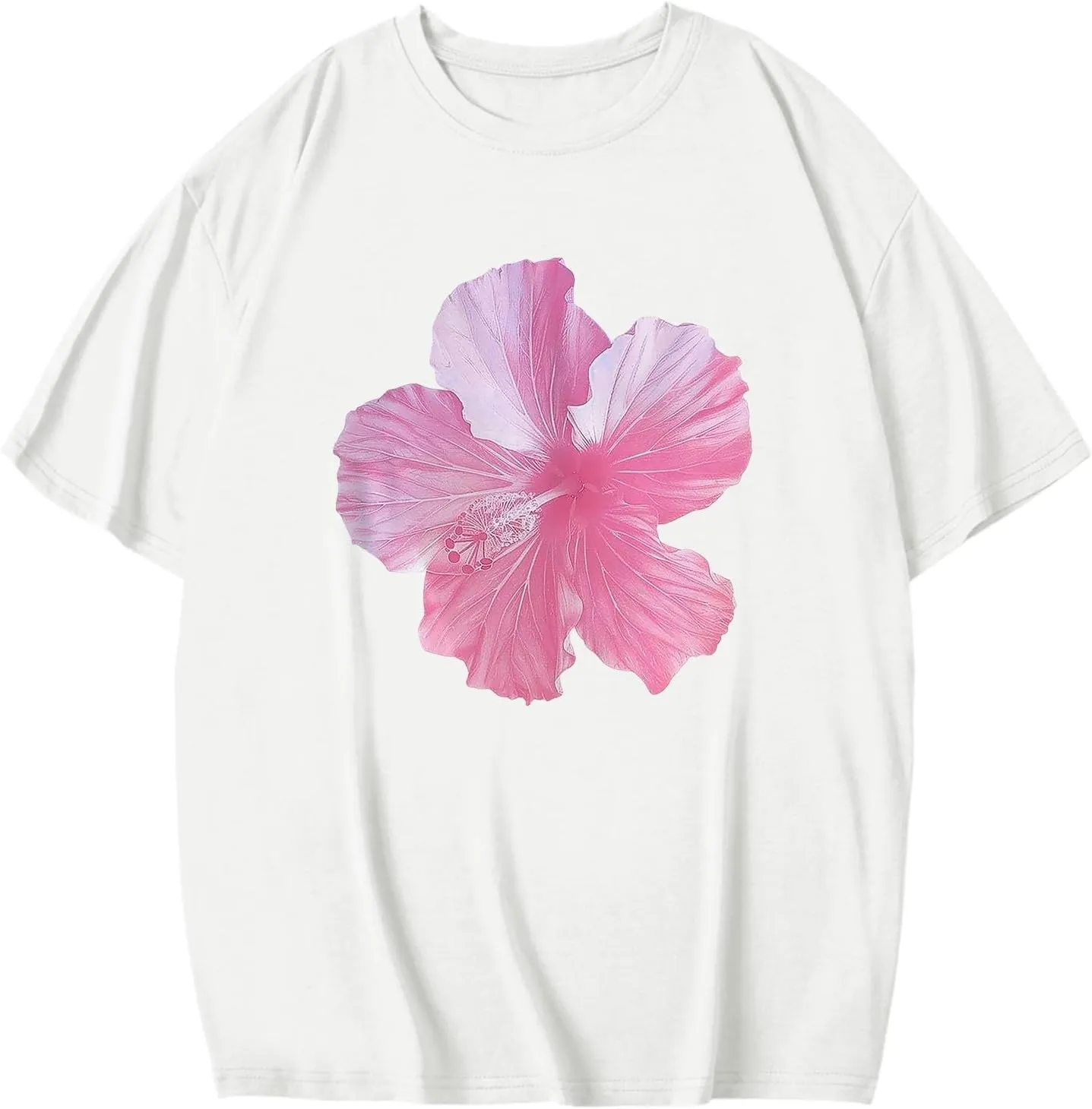 Pink Graphic Tees for Women Crewneck Casual Summer Preppy Teen Girls Flower Oversized T Shirts Short Sleeve Loose Tops