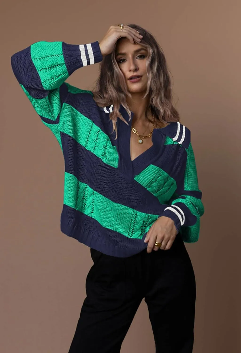 Pink Queen Women's 2024 Fall Casual Oversized Pullover Sweaters Lapel Collar V Neck Long Sleeve Cable Knit Striped Jumper Top
