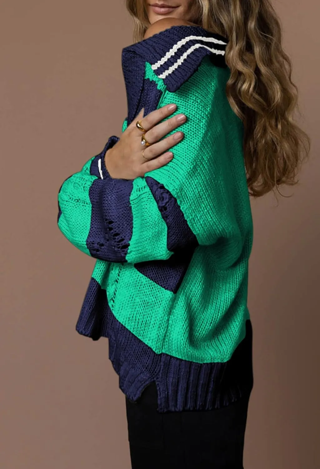 Pink Queen Women's 2024 Fall Casual Oversized Pullover Sweaters Lapel Collar V Neck Long Sleeve Cable Knit Striped Jumper Top