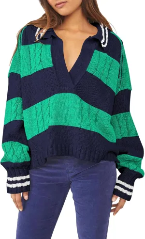 Pink Queen Women's 2024 Fall Casual Oversized Pullover Sweaters Lapel Collar V Neck Long Sleeve Cable Knit Striped Jumper Top