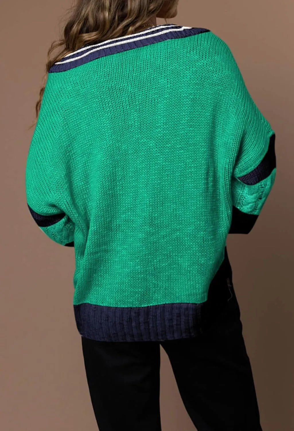 Pink Queen Women's 2024 Fall Casual Oversized Pullover Sweaters Lapel Collar V Neck Long Sleeve Cable Knit Striped Jumper Top