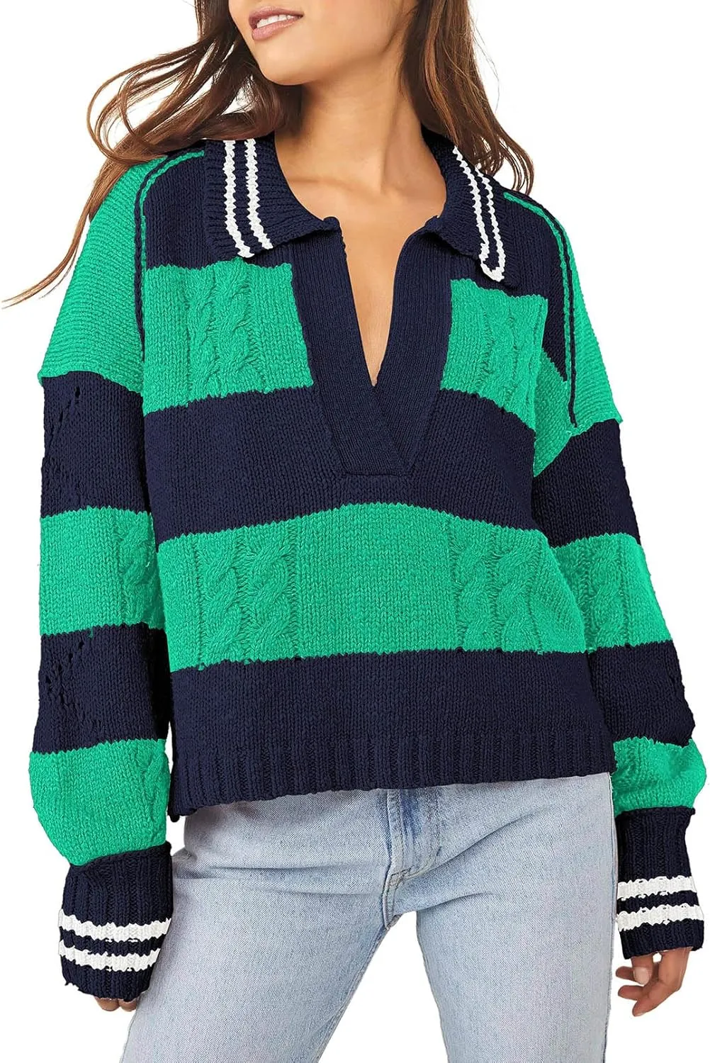 Pink Queen Women's 2024 Fall Casual Oversized Pullover Sweaters Lapel Collar V Neck Long Sleeve Cable Knit Striped Jumper Top