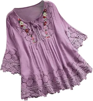 Plus Size Linen Blouse Women Vintage Lace Patchwork Bow V-Neck Embroidery Summer 3/4 Sleeve Retro Tops T-Shirt