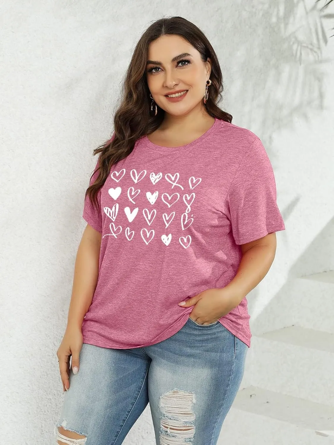Plus Size Shirts Women Love Heart Print Short Sleeve Tops Casual Tees Blouse