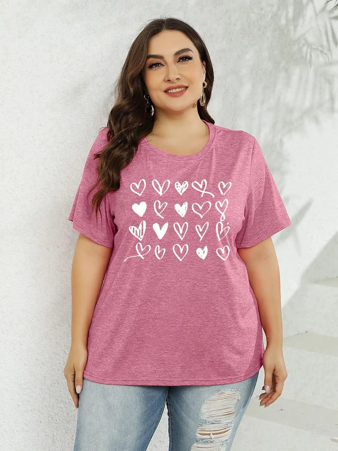 Plus Size Shirts Women Love Heart Print Short Sleeve Tops Casual Tees Blouse