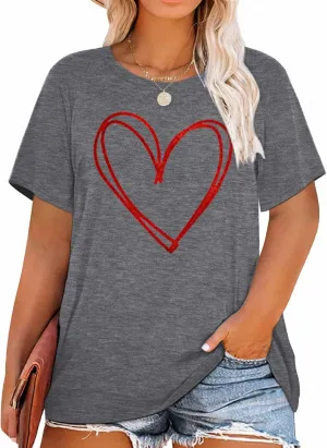 Plus Size Shirts Women Love Heart Print Short Sleeve Tops Casual Tees Blouse