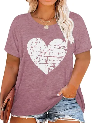 Plus Size Shirts Women Love Heart Print Short Sleeve Tops Casual Tees Blouse