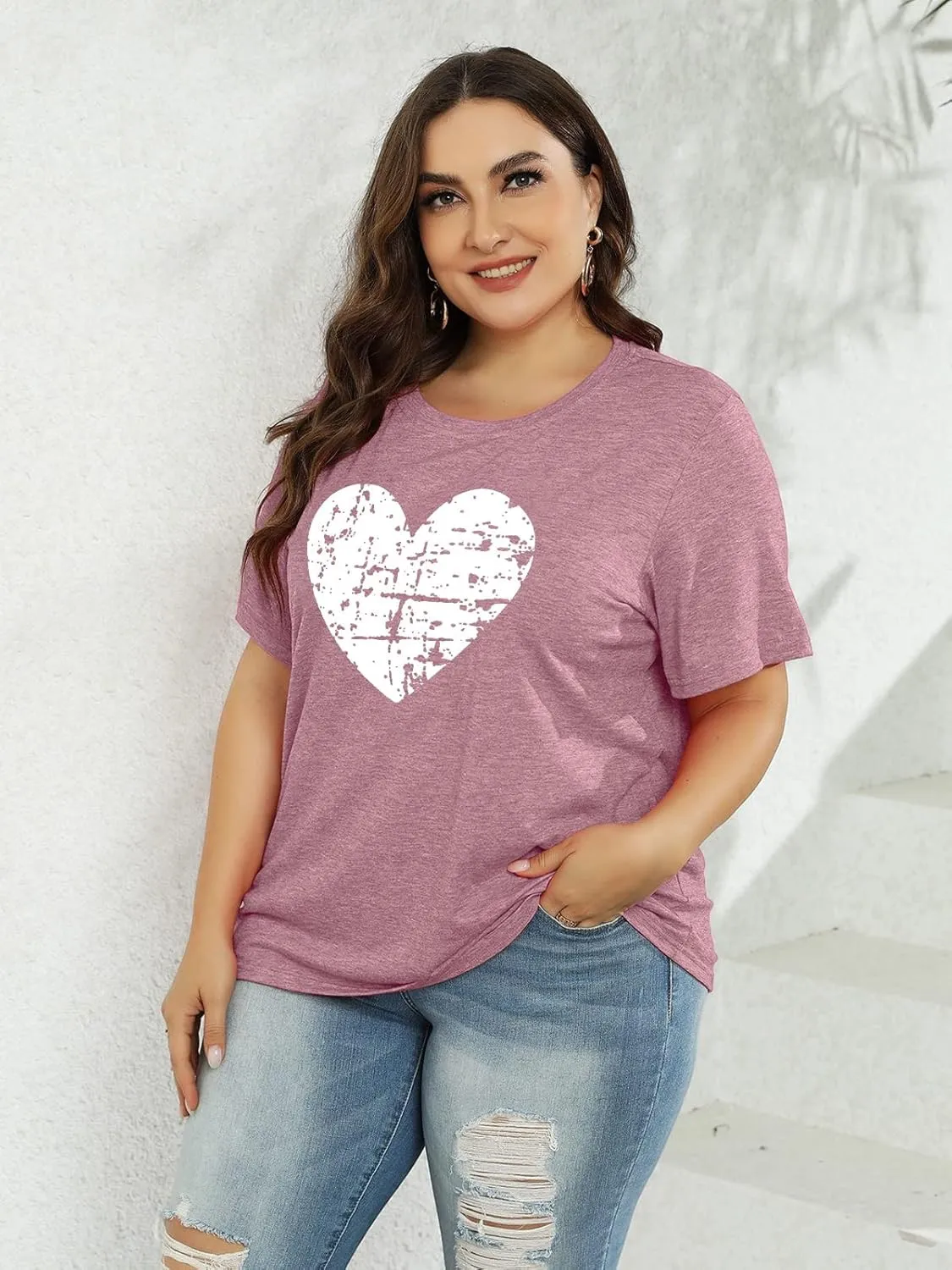 Plus Size Shirts Women Love Heart Print Short Sleeve Tops Casual Tees Blouse