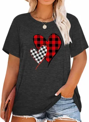 Plus Size Shirts Women Love Heart Print Short Sleeve Tops Casual Tees Blouse
