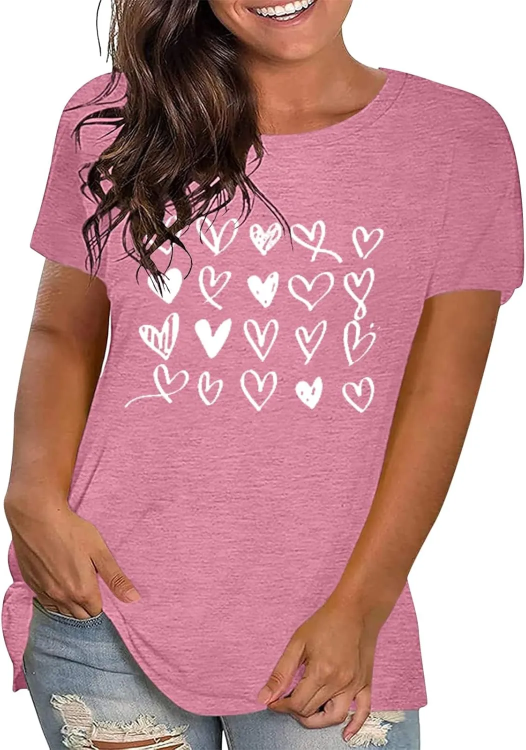 Plus Size Shirts Women Love Heart Print Short Sleeve Tops Casual Tees Blouse