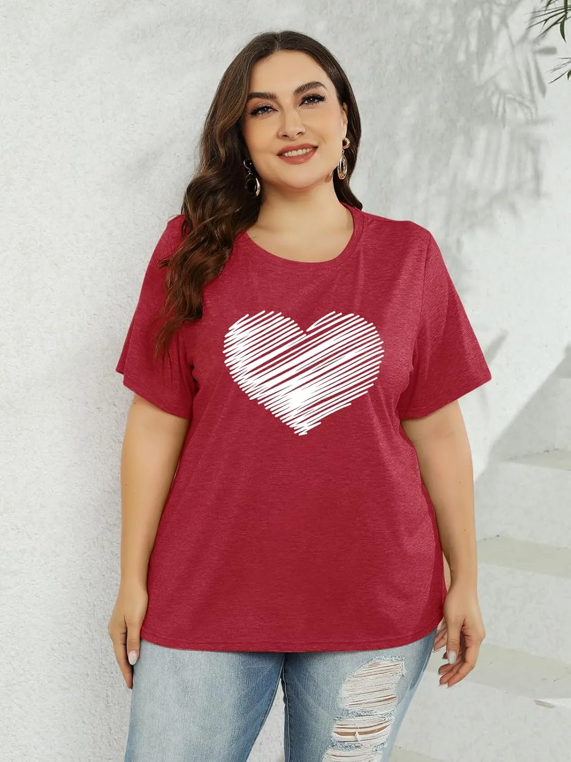 Plus Size Shirts Women Love Heart Print Short Sleeve Tops Casual Tees Blouse