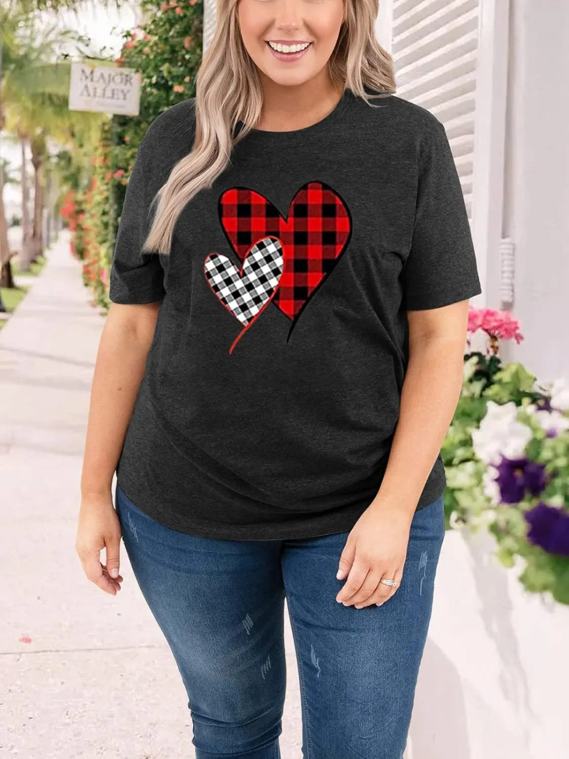 Plus Size Shirts Women Love Heart Print Short Sleeve Tops Casual Tees Blouse