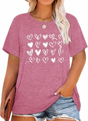 Plus Size Shirts Women Love Heart Print Short Sleeve Tops Casual Tees Blouse