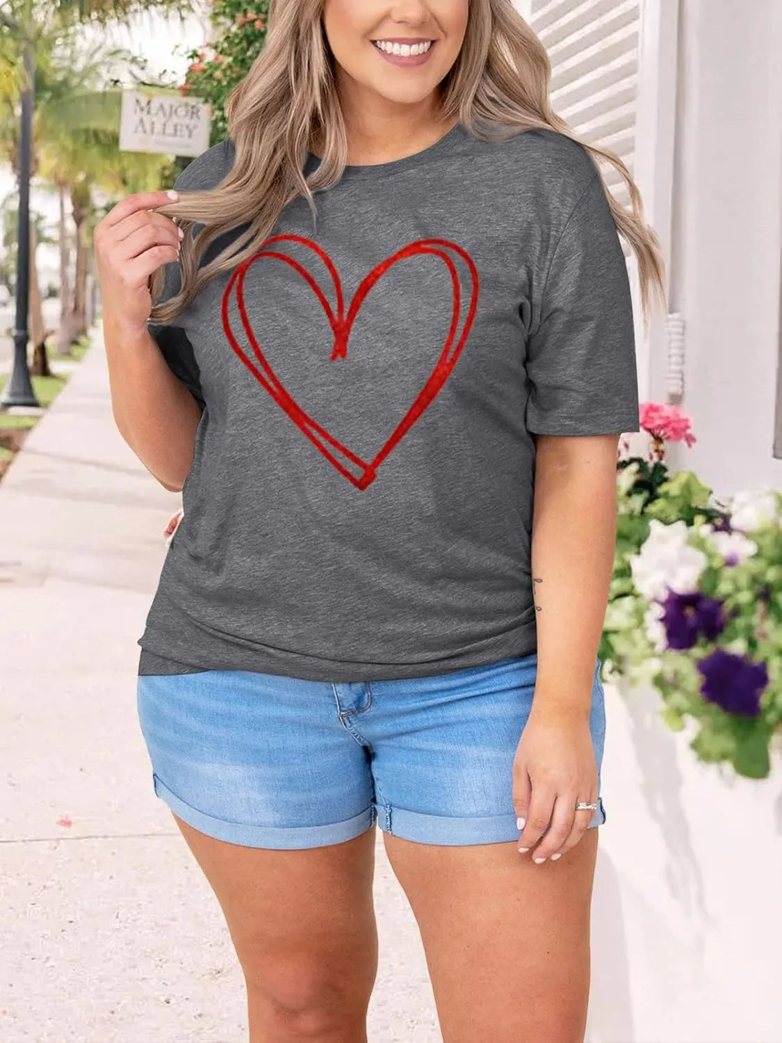 Plus Size Shirts Women Love Heart Print Short Sleeve Tops Casual Tees Blouse