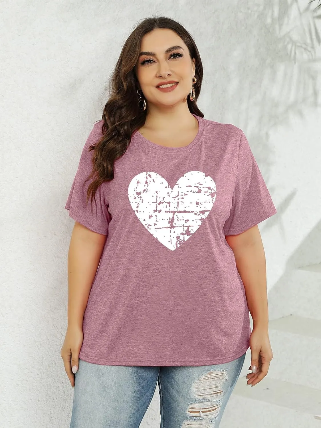 Plus Size Shirts Women Love Heart Print Short Sleeve Tops Casual Tees Blouse