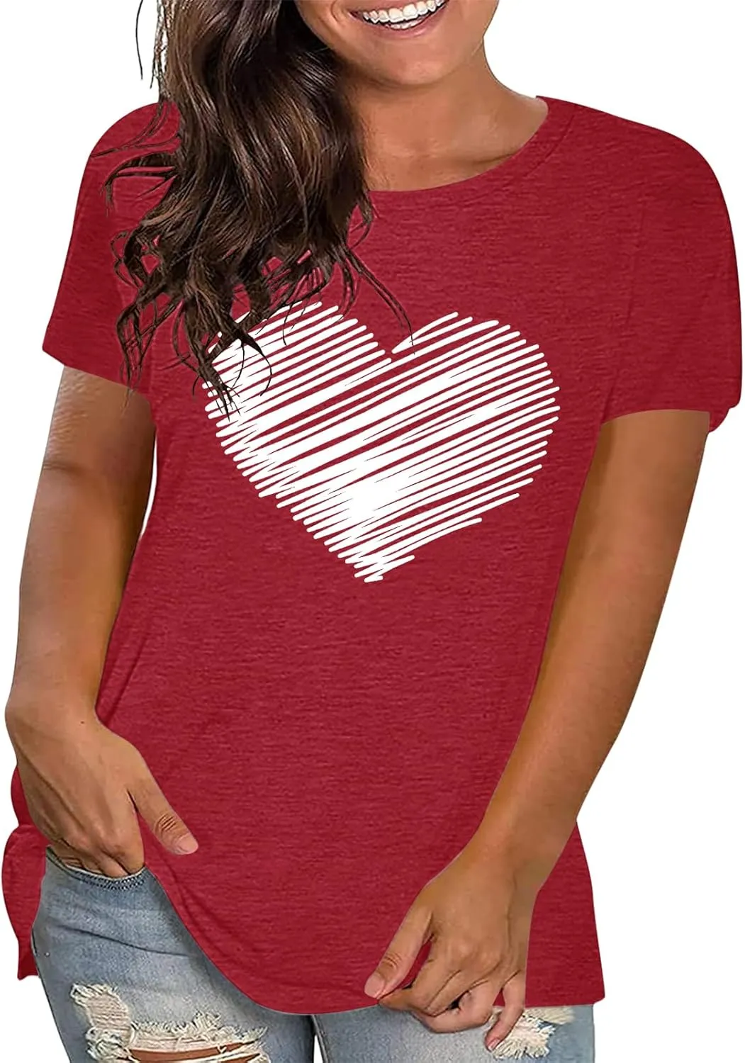 Plus Size Shirts Women Love Heart Print Short Sleeve Tops Casual Tees Blouse