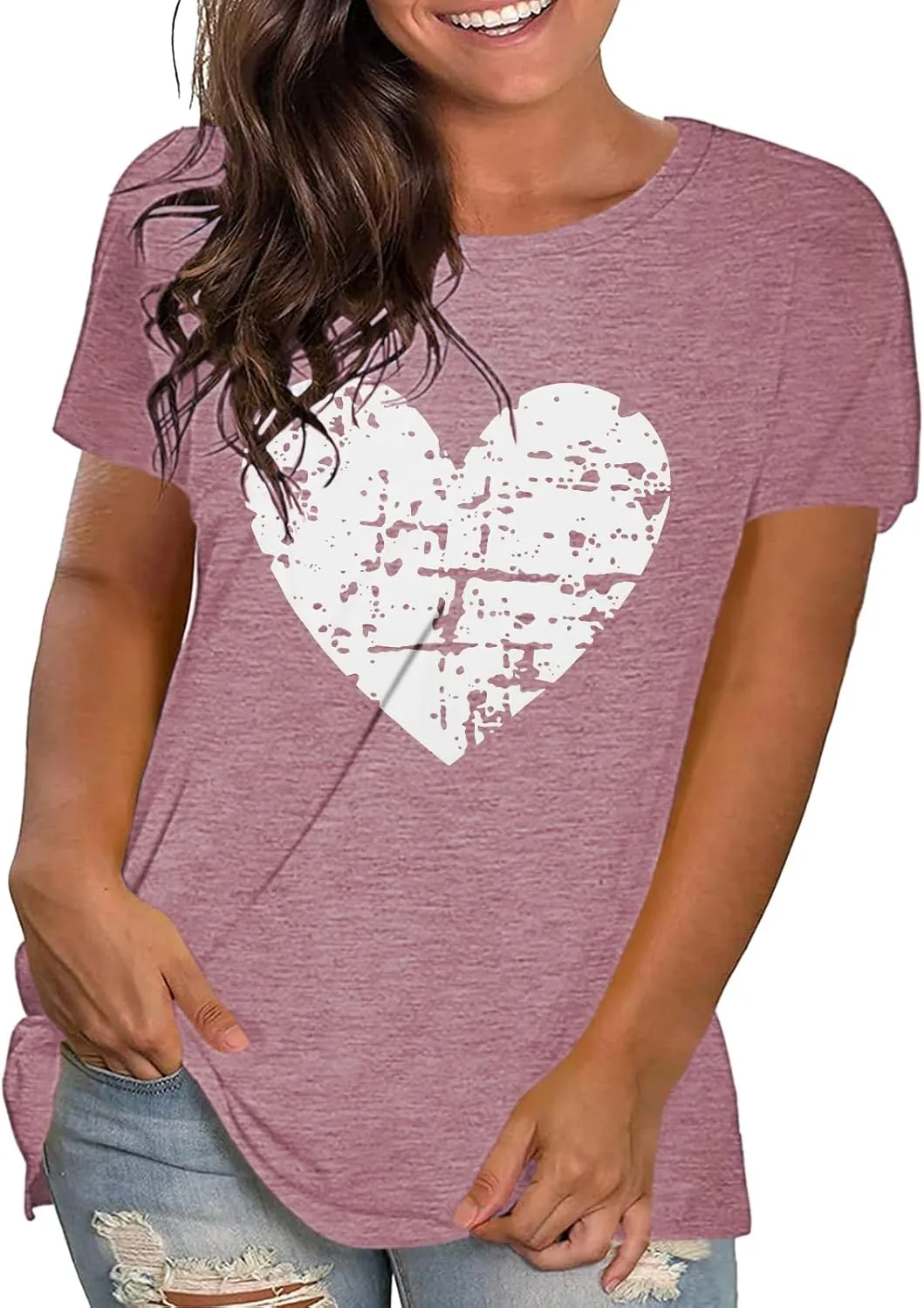 Plus Size Shirts Women Love Heart Print Short Sleeve Tops Casual Tees Blouse
