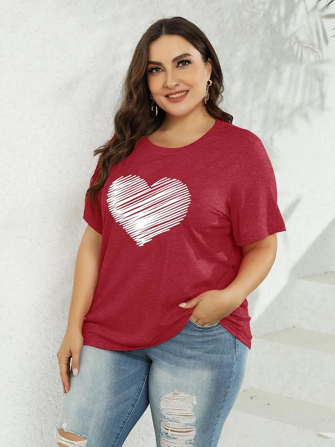 Plus Size Shirts Women Love Heart Print Short Sleeve Tops Casual Tees Blouse