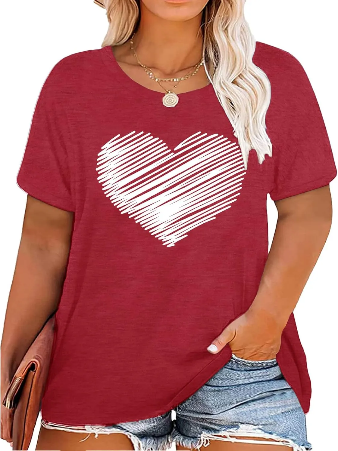 Plus Size Shirts Women Love Heart Print Short Sleeve Tops Casual Tees Blouse