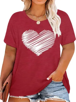 Plus Size Shirts Women Love Heart Print Short Sleeve Tops Casual Tees Blouse