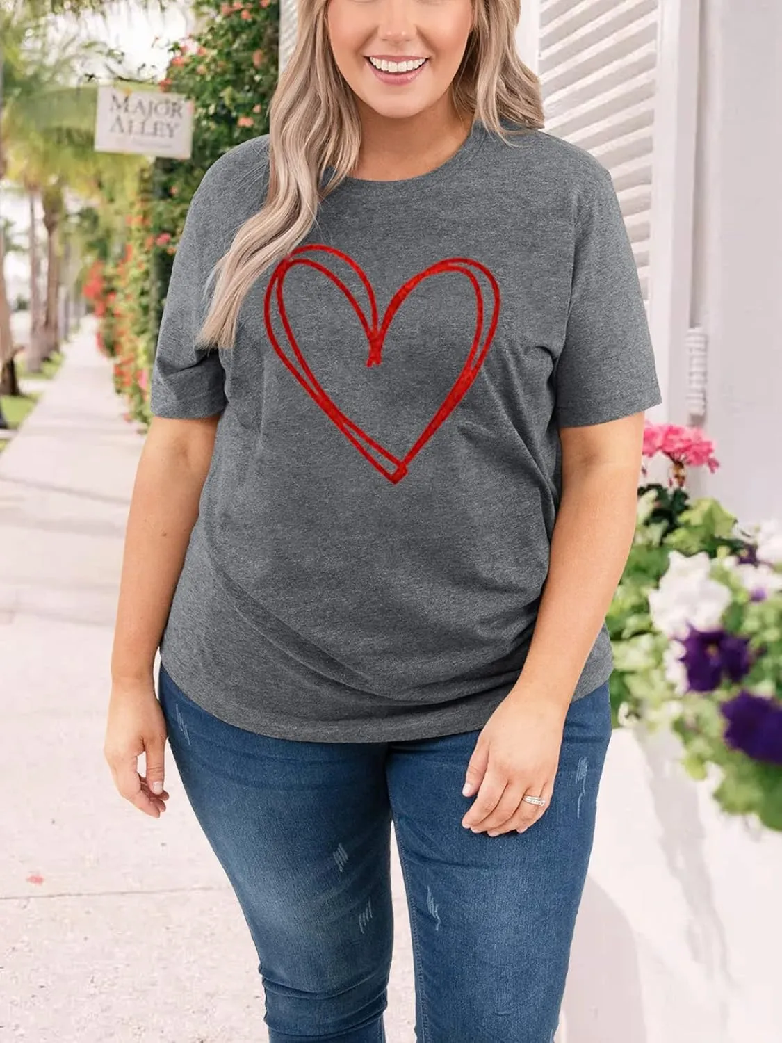 Plus Size Shirts Women Love Heart Print Short Sleeve Tops Casual Tees Blouse