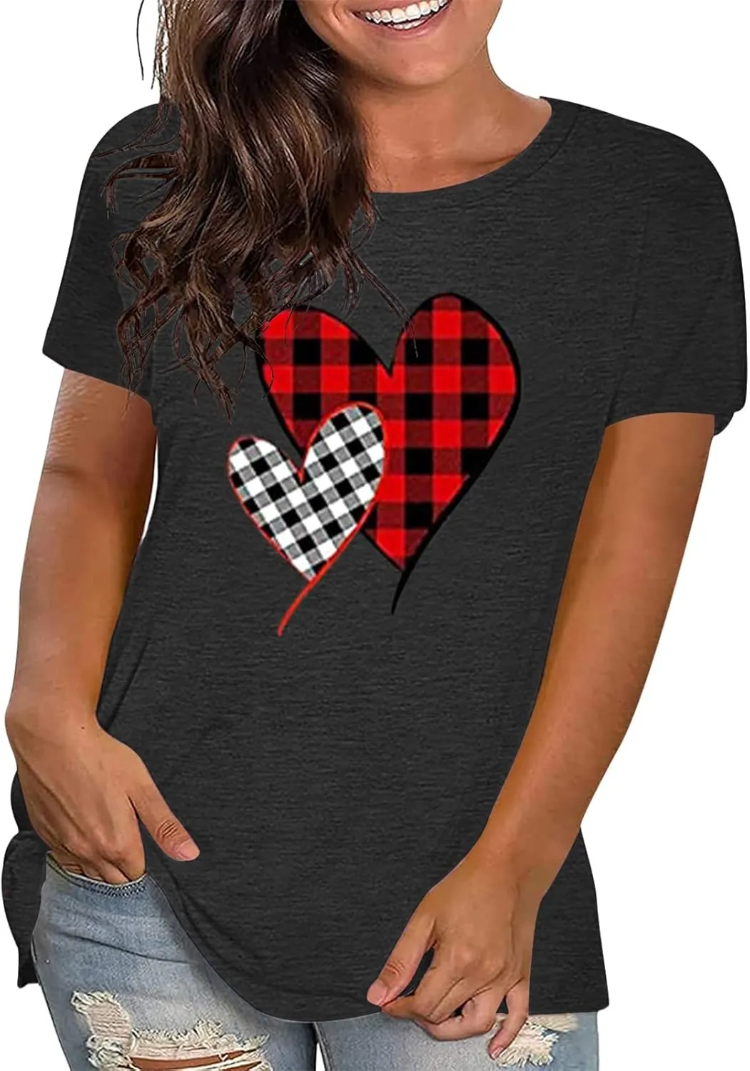 Plus Size Shirts Women Love Heart Print Short Sleeve Tops Casual Tees Blouse