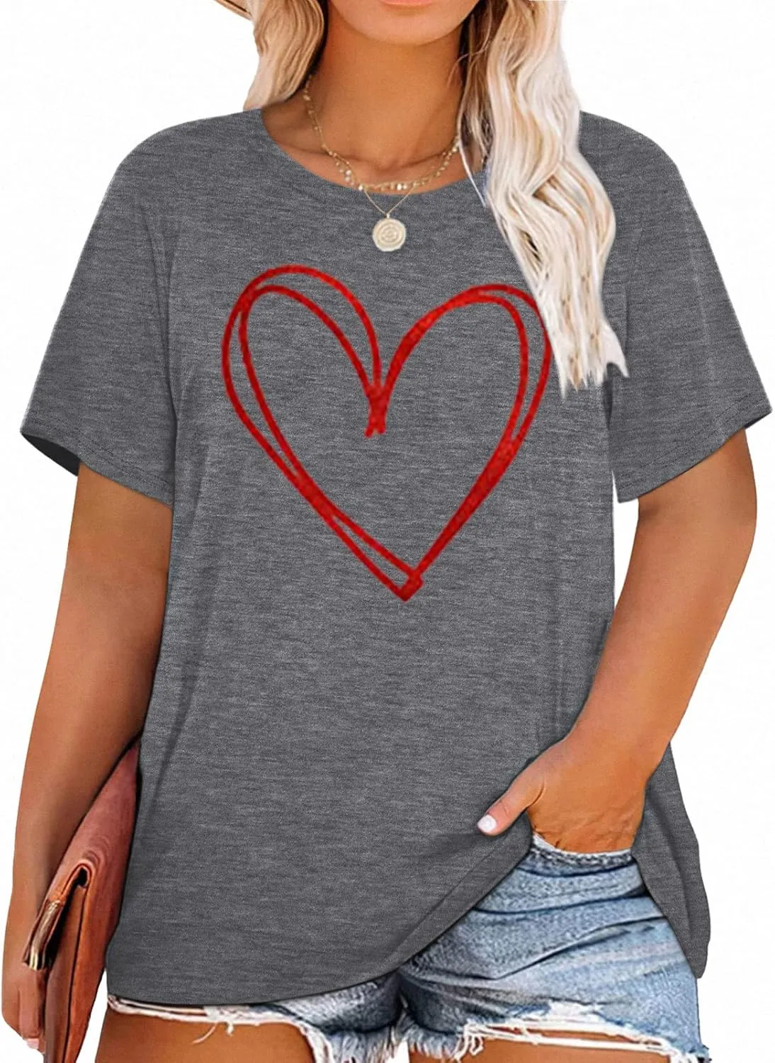 Plus Size Shirts Women Love Heart Print Short Sleeve Tops Casual Tees Blouse