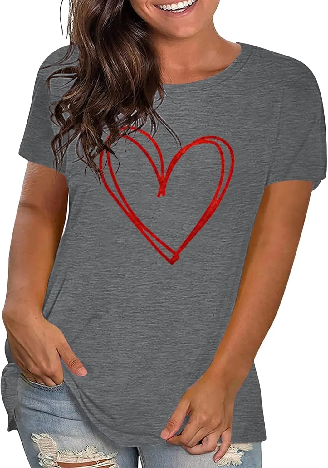 Plus Size Shirts Women Love Heart Print Short Sleeve Tops Casual Tees Blouse