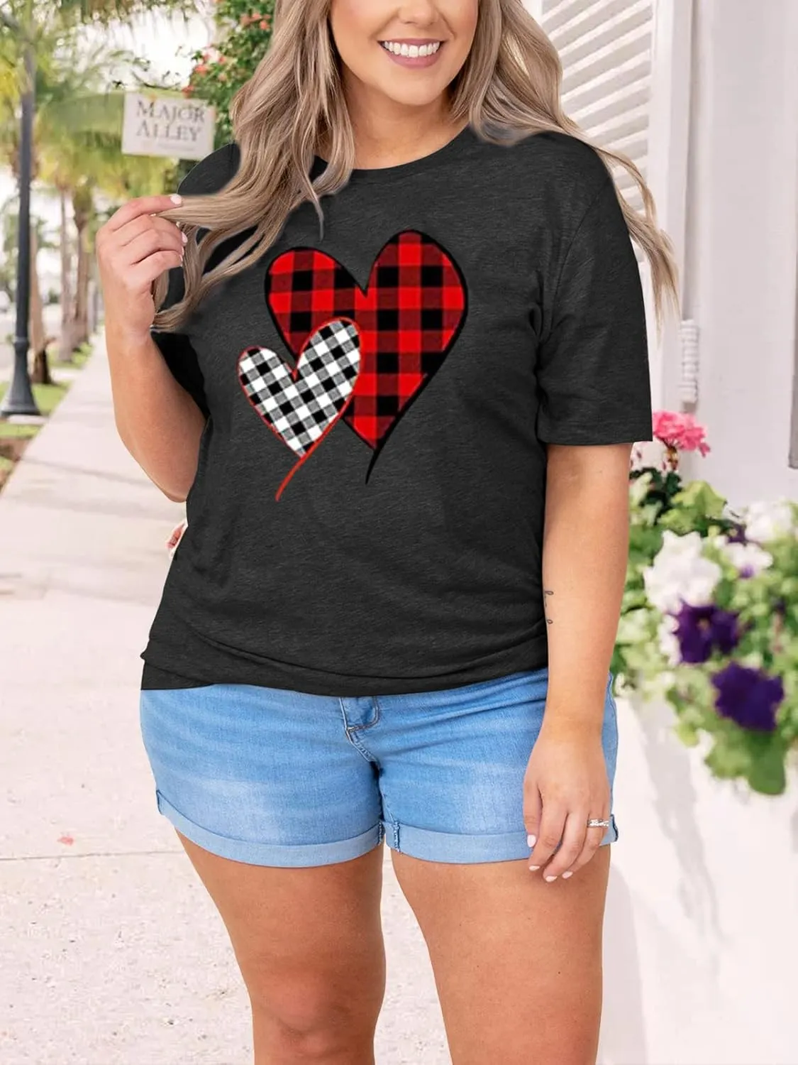 Plus Size Shirts Women Love Heart Print Short Sleeve Tops Casual Tees Blouse