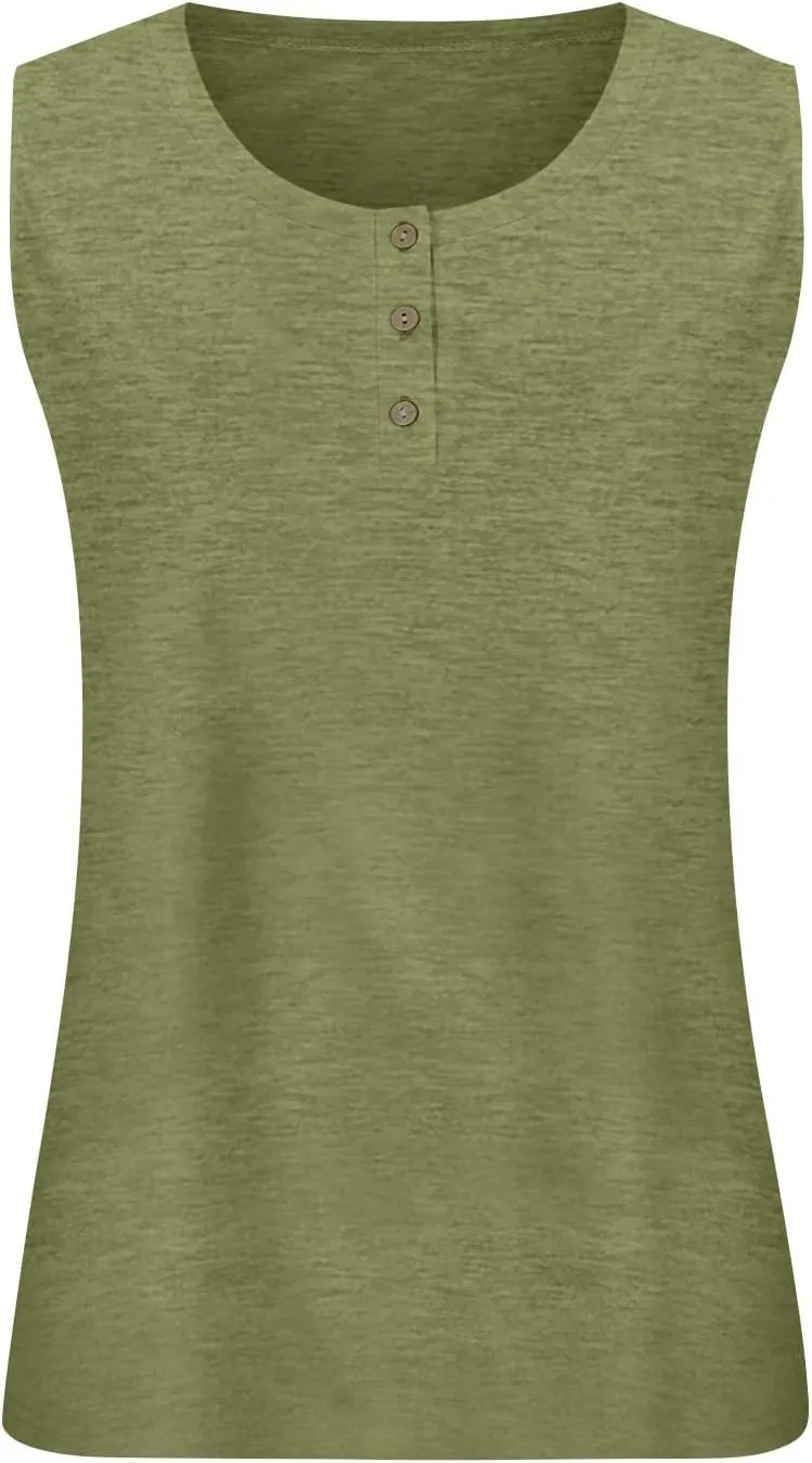 Plus Size Tank Tops for Women Summer Sleeveless O Neck Henley T-Shirts Tops Casual Button Down Tunics Shirts