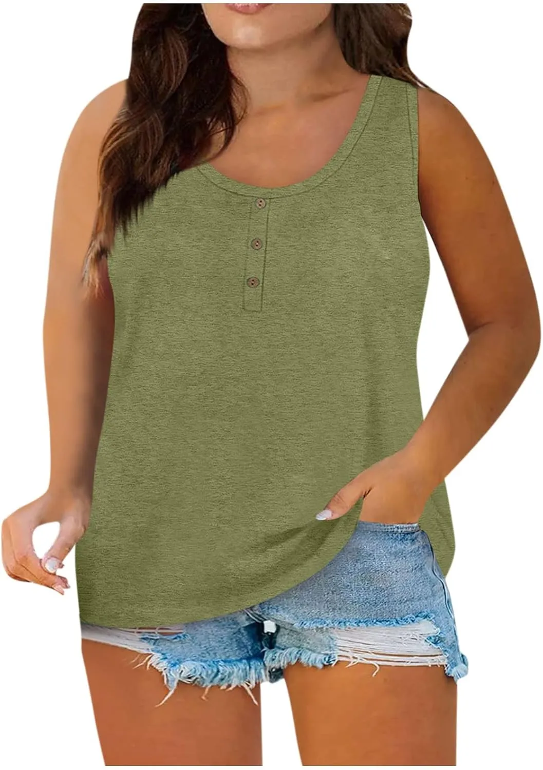 Plus Size Tank Tops for Women Summer Sleeveless O Neck Henley T-Shirts Tops Casual Button Down Tunics Shirts
