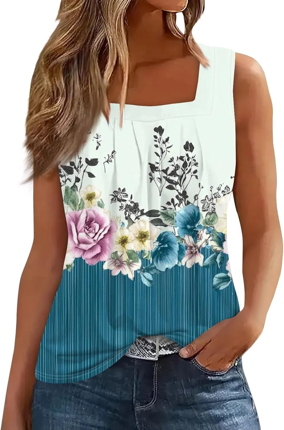 Plus Size Tops for Women Summer Tank Top Loose Fit Pleated Square Neck Sleeveless Tees Curved Hem Flowy Tunics