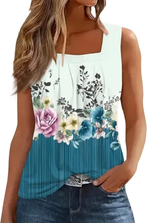 Plus Size Tops for Women Summer Tank Top Loose Fit Pleated Square Neck Sleeveless Tees Curved Hem Flowy Tunics