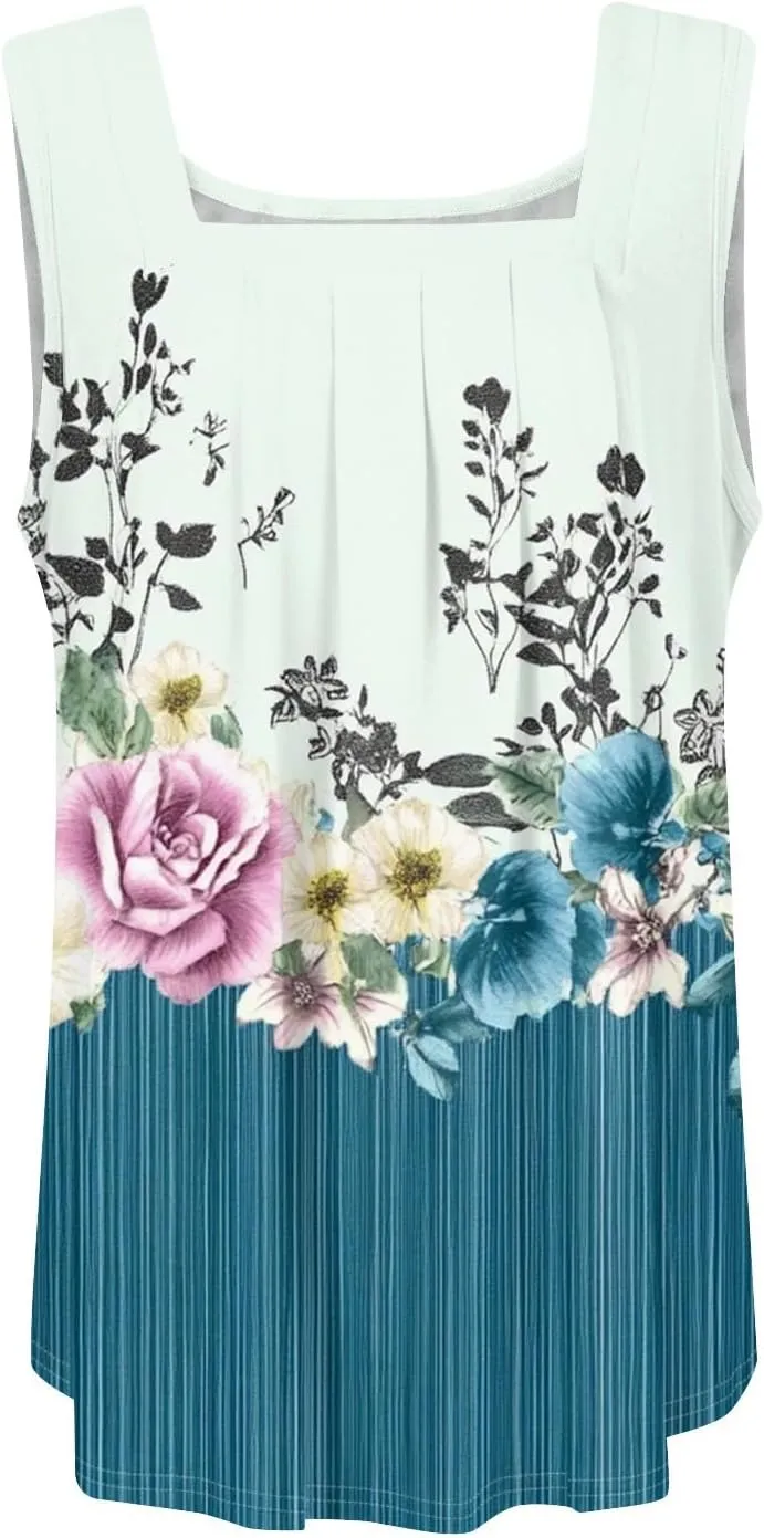 Plus Size Tops for Women Summer Tank Top Loose Fit Pleated Square Neck Sleeveless Tees Curved Hem Flowy Tunics