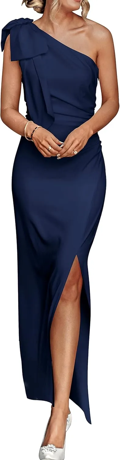 PRETTYGARDEN Summer One Shoulder Long Formal Women's Dress Sleeveless Ruched Bodycon Wedding Guest Slit Maxi Dresses