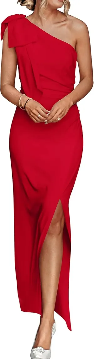 PRETTYGARDEN Summer One Shoulder Long Formal Women's Dress Sleeveless Ruched Bodycon Wedding Guest Slit Maxi Dresses