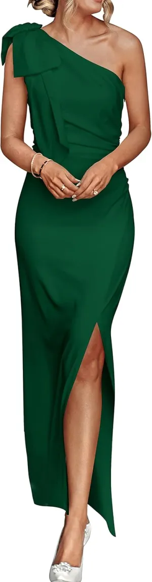 PRETTYGARDEN Summer One Shoulder Long Formal Women's Dress Sleeveless Ruched Bodycon Wedding Guest Slit Maxi Dresses