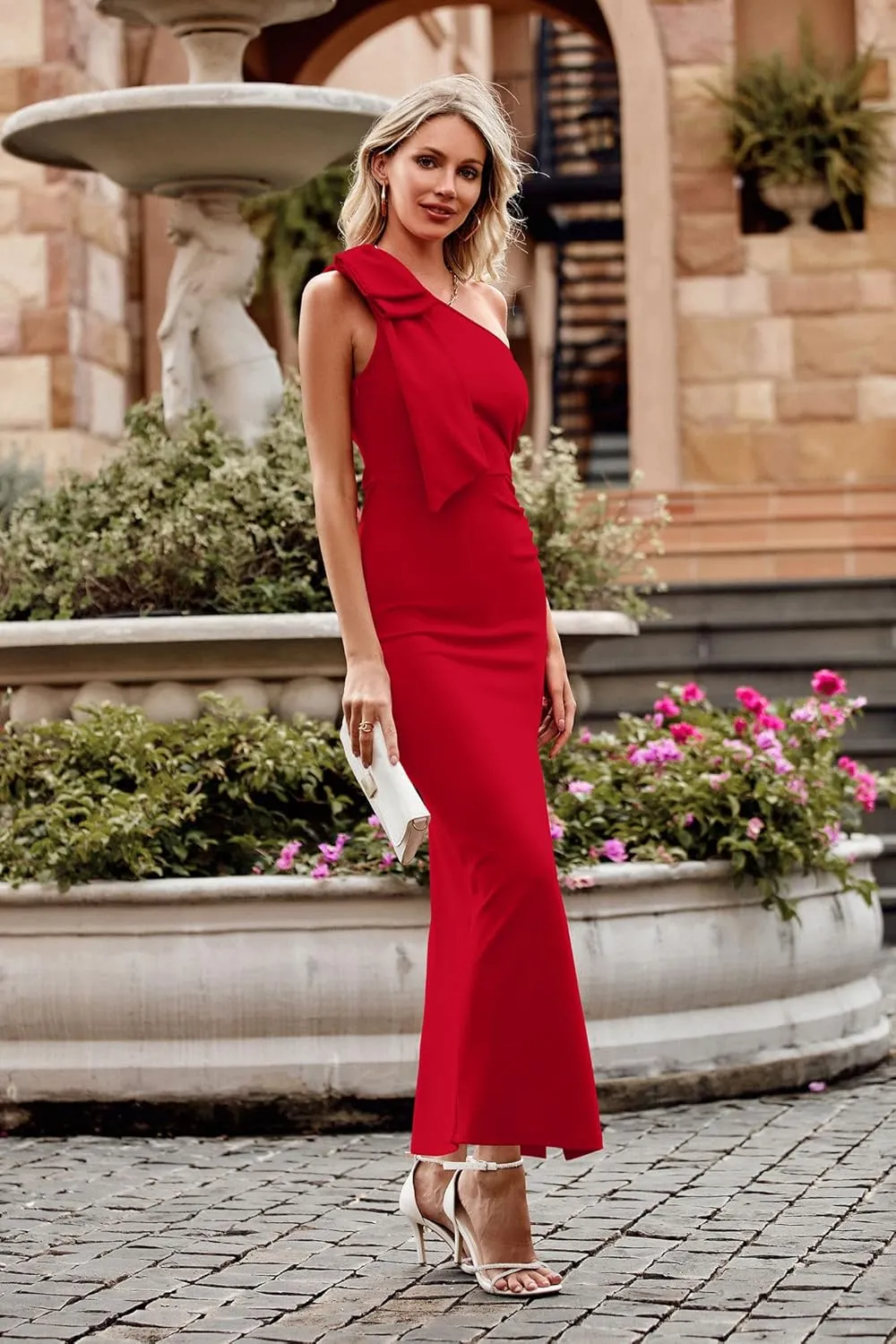 PRETTYGARDEN Summer One Shoulder Long Formal Women's Dress Sleeveless Ruched Bodycon Wedding Guest Slit Maxi Dresses